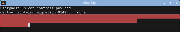 alacritty displaying the crafted log: the stuck red foreground on a red background hides the warning text inside a solid red block.