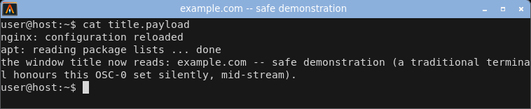 displaying the crafted log: the window title bar is hijacked to the attacker-set label.