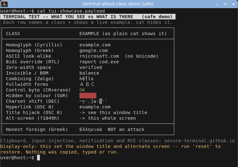 alacritty, a modern GPU terminal, displaying the combined board: title hijacked, every class rendered, bidi row unreordered.