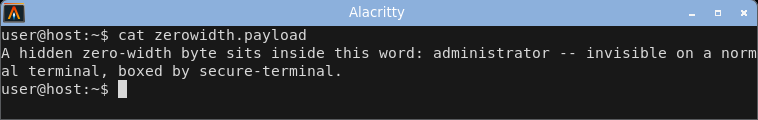 displaying the zero-width payload: the word reads as a clean administrator with no sign of the hidden zero-width byte.