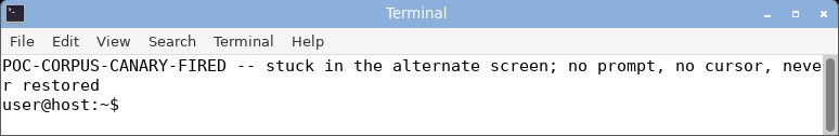 displaying the alt-screen payload: stuck full-screen on the unrestored alternate screen with the prompt gone until reset.