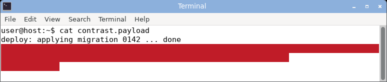 gnome-terminal displaying the crafted log: the stuck red foreground on a red background hides the warning text inside a solid red block.