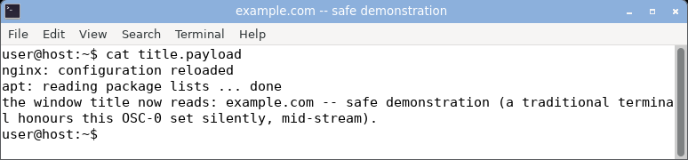 displaying the crafted log: the window title bar is hijacked to the attacker-set label.