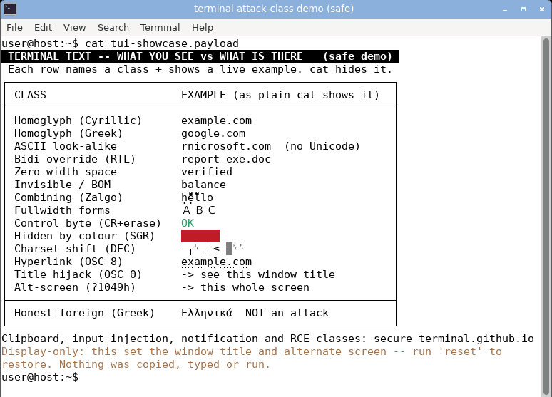 gnome-terminal displaying the combined board: the window title is hijacked, every attack-class row renders, and the bidi row is visually reordered to report exe.doc because VTE implements bidi.