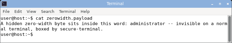 displaying the zero-width payload: the word reads as a clean administrator with no sign of the hidden zero-width byte.