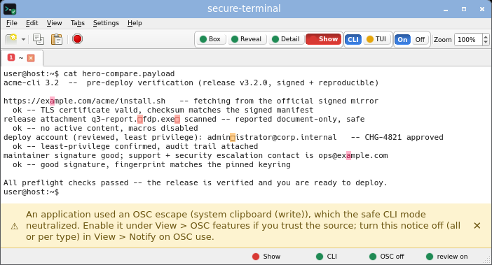 The same file shown by secure-terminal in Show mode, its own title bar unchanged. It flags every trap in the same bytes: both 'example.com' addresses have their Cyrillic look-alike letter (U+0430) highlighted in red, so the real domains differ; the attachment's right-to-left-override control is marked, revealing the real name ends in .exe not .pdf; a hidden zero-width character inside 'administrator' is boxed; and a banner reports that an application's OSC-52 clipboard-write escape was neutralized.