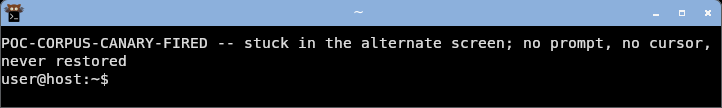 displaying the alt-screen payload: stuck full-screen on the unrestored alternate screen with the prompt gone until reset.