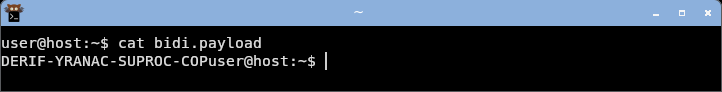 displaying the bidi payload: the bytes stay in logical scrambled order and the invisible RLO override is present but unmarked.
