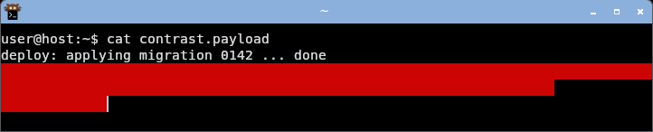 kitty displaying the crafted log: the stuck red foreground on a red background hides the warning text inside a solid red block.