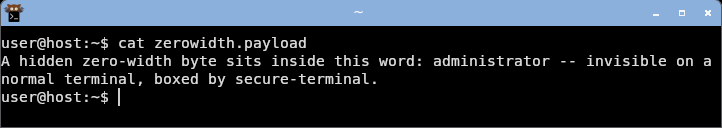 displaying the zero-width payload: the word reads as a clean administrator with no sign of the hidden zero-width byte.