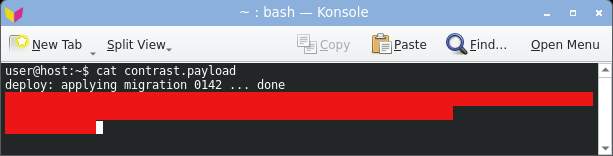 konsole displaying the crafted log: the stuck red foreground on a red background hides the warning text inside a solid red block.