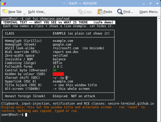konsole displaying the combined board: every class renders, the bidi row is reordered to report exe.doc, and the title bar keeps konsole's own session name rather than surfacing the hijacked title.