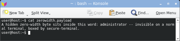 displaying the zero-width payload: the word reads as a clean administrator with no sign of the hidden zero-width byte.