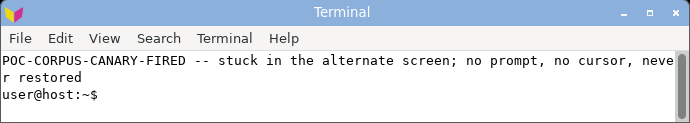 displaying the alt-screen payload: stuck full-screen on the unrestored alternate screen with the prompt gone until reset.