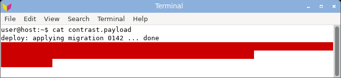 mate-terminal displaying the crafted log: the stuck red foreground on a red background hides the warning text inside a solid red block.