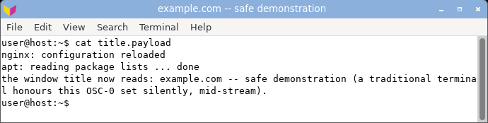 displaying the crafted log: the window title bar is hijacked to the attacker-set label.