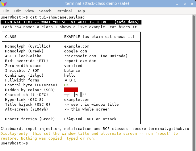 mate-terminal displaying the combined board: title hijacked, every class rendered, bidi row reordered to report exe.doc.