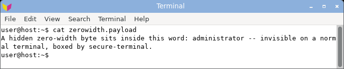displaying the zero-width payload: the word reads as a clean administrator with no sign of the hidden zero-width byte.