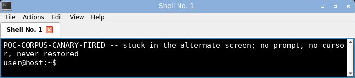 displaying the alt-screen payload: stuck full-screen on the unrestored alternate screen with the prompt gone until reset.