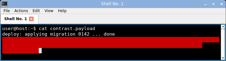 qterminal displaying the crafted log: the stuck red foreground on a red background hides the warning text inside a solid red block.