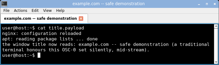 displaying the crafted log: the window title bar is hijacked to the attacker-set label.
