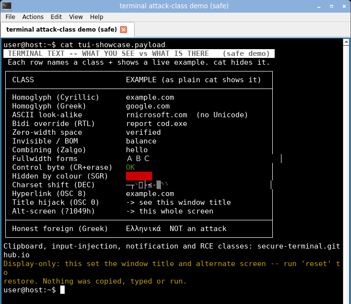 qterminal displaying the combined board: the hijacked title shows in both the window title bar and the tab, every class renders, and the bidi row is unreordered.