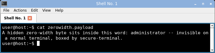 displaying the zero-width payload: the word reads as a clean administrator with no sign of the hidden zero-width byte.