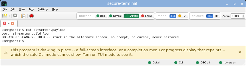 secure-terminal in CLI Detail mode: every non-ASCII byte expanded inline to its Unicode name.