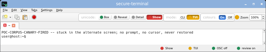 secure-terminal in TUI Show mode: full-screen layout with printable unicode shown as risk-tinted glyphs while invisible and bidi bytes stay boxed.