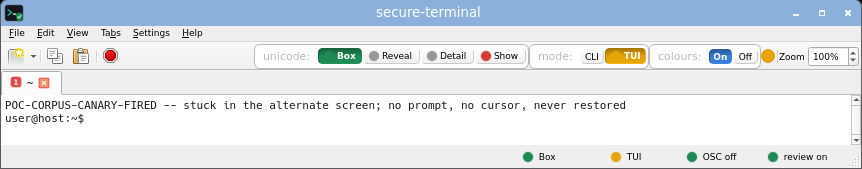 secure-terminal in TUI Box mode: full-screen layout allowed, but every non-ASCII cell is still an inert risk-coloured box and the title is untouched.