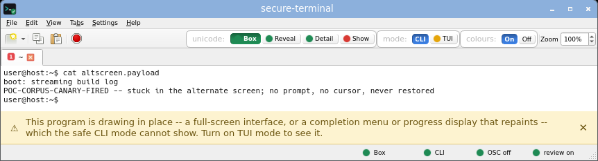 secure-terminal displaying the alt-screen payload: the alternate-screen switch is stripped, the content renders inline and the prompt returns clean.