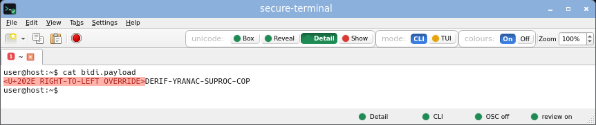 secure-terminal in CLI Detail mode: every non-ASCII byte expanded inline to its Unicode name.