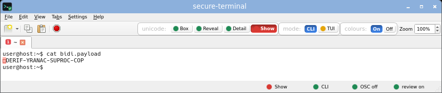 secure-terminal in CLI Show mode: printable unicode rendered as risk-tinted glyphs while invisible, bidi and control bytes stay inert boxes.