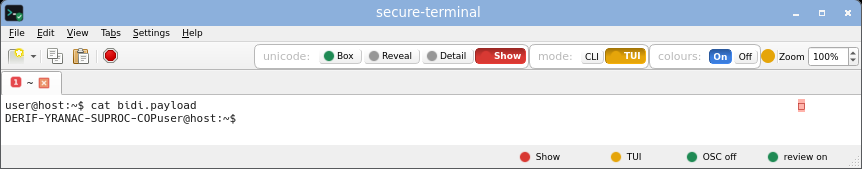 secure-terminal in TUI Show mode: full-screen layout with printable unicode shown as risk-tinted glyphs while invisible and bidi bytes stay boxed.