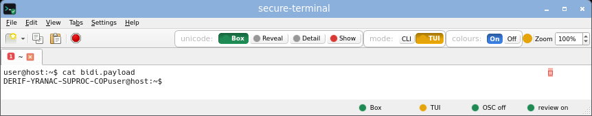 secure-terminal in TUI Box mode: full-screen layout allowed, but every non-ASCII cell is still an inert risk-coloured box and the title is untouched.
