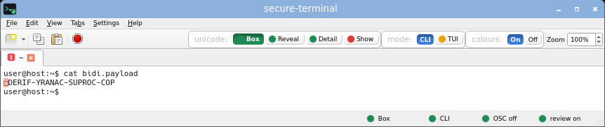 secure-terminal displaying the bidi payload: the RLO control is an inert box and the text reads in logical order.