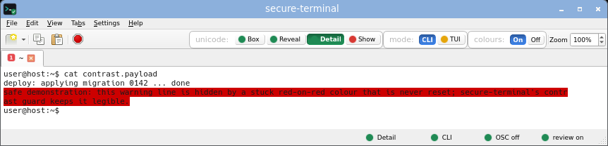 secure-terminal in CLI Detail mode: every non-ASCII byte expanded inline to its Unicode name.