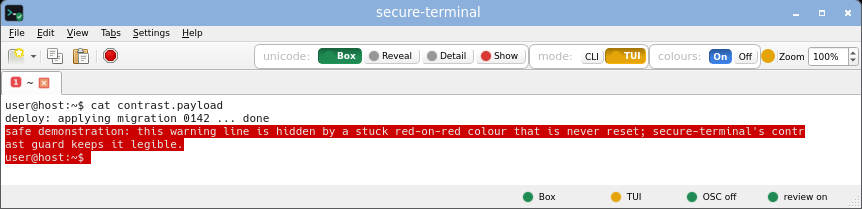 secure-terminal in TUI Box mode: full-screen layout allowed, but every non-ASCII cell is still an inert risk-coloured box and the title is untouched.