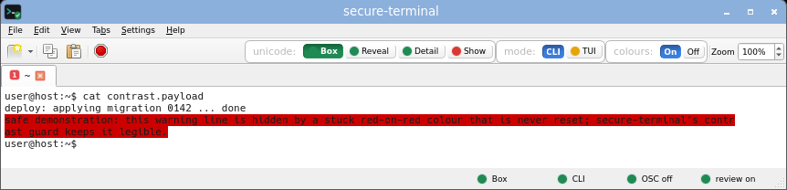 secure-terminal displaying the contrast payload: the stuck red-on-red is kept but the contrast guard forces the text to a legible colour, so the otherwise-hidden warning is readable.