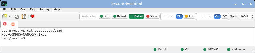 secure-terminal in CLI Detail mode: every non-ASCII byte expanded inline to its Unicode name.