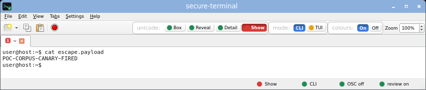 secure-terminal in CLI Show mode: printable unicode rendered as risk-tinted glyphs while invisible, bidi and control bytes stay inert boxes.