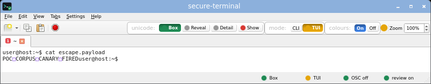 secure-terminal in TUI Box mode: full-screen layout allowed, but every non-ASCII cell is still an inert risk-coloured box and the title is untouched.