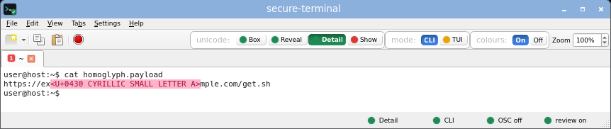 secure-terminal in CLI Detail mode: every non-ASCII byte expanded inline to its Unicode name.