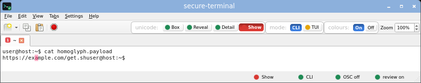 secure-terminal in CLI Show mode: printable unicode rendered as risk-tinted glyphs while invisible, bidi and control bytes stay inert boxes.