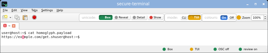 secure-terminal in TUI Box mode: full-screen layout allowed, but every non-ASCII cell is still an inert risk-coloured box and the title is untouched.