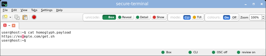 secure-terminal displaying the homoglyph domain: the Cyrillic look-alike byte is drawn as an inert coloured box.