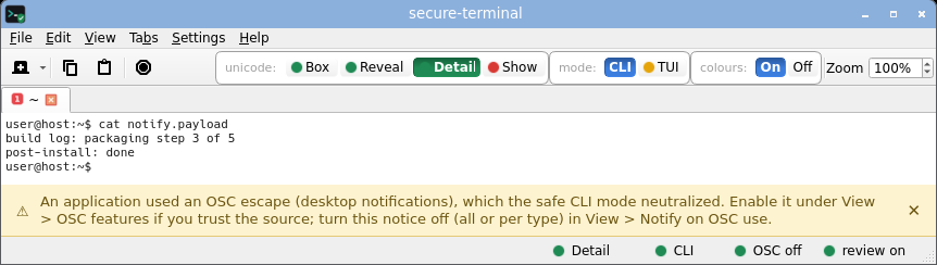 secure-terminal in CLI Detail mode: every non-ASCII byte expanded inline to its Unicode name.