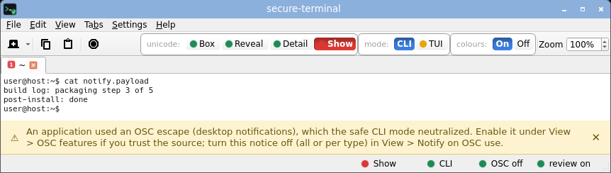 secure-terminal in CLI Show mode: printable unicode rendered as risk-tinted glyphs while invisible, bidi and control bytes stay inert boxes.