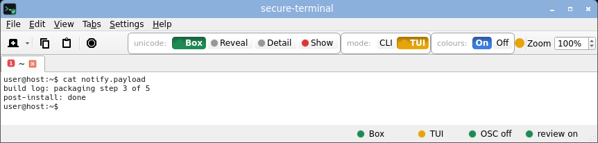 secure-terminal in TUI Box mode: full-screen layout allowed, but every non-ASCII cell is still an inert risk-coloured box and the title is untouched.
