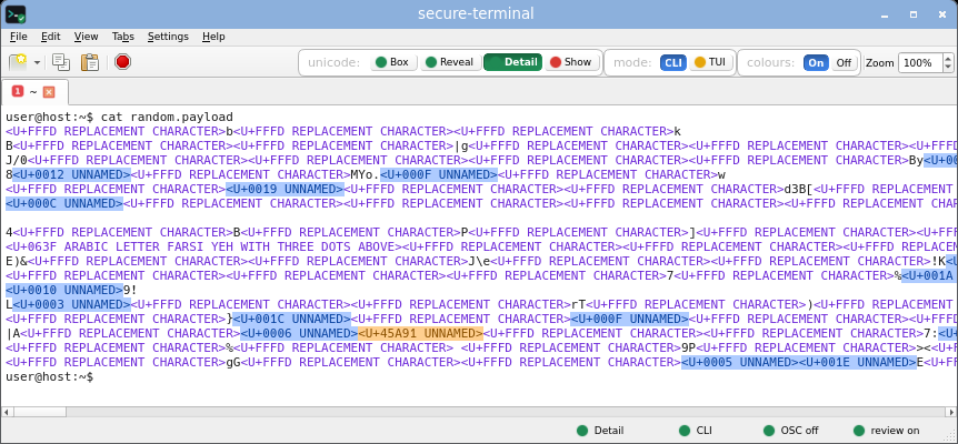 secure-terminal in CLI Detail mode: every non-ASCII byte expanded inline to its Unicode name.